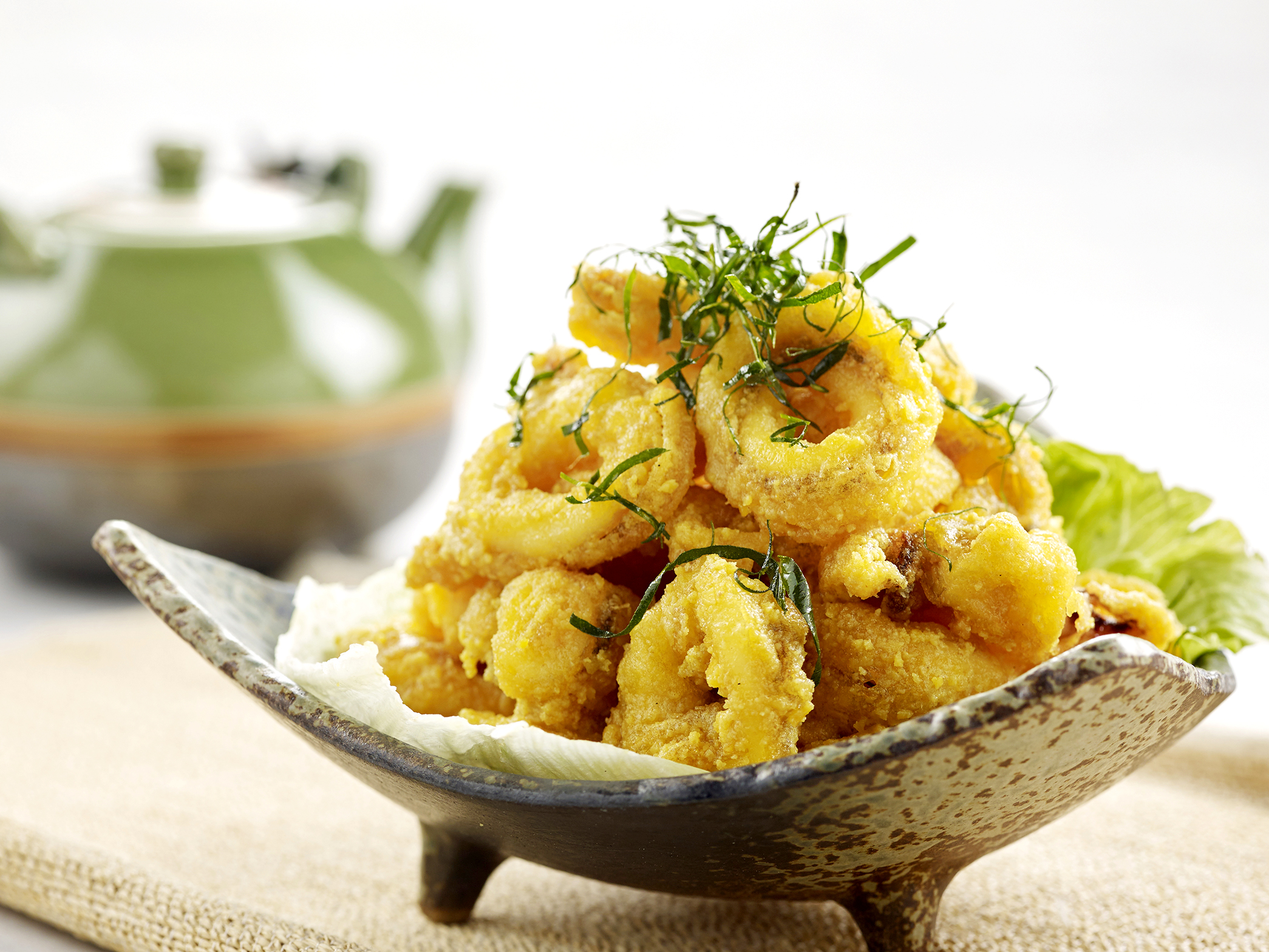 SALTED EGG CALAMARI WITH THAI HERBS